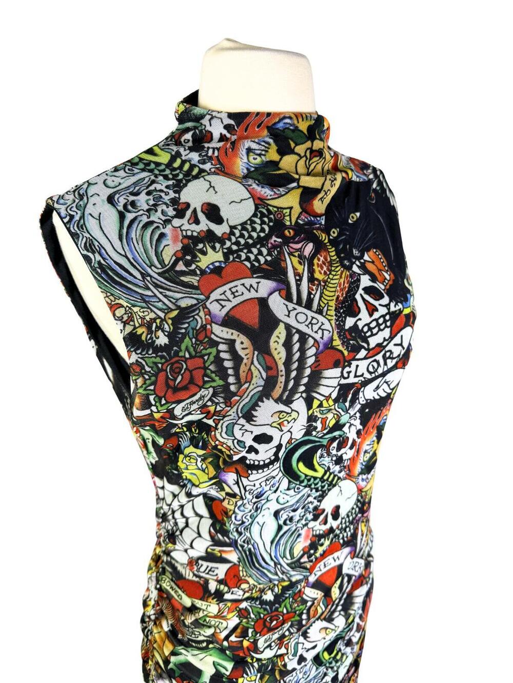 Ed Hardy Tattoo Print Ruched Maxi Dress Size M - Picture 5 of 8